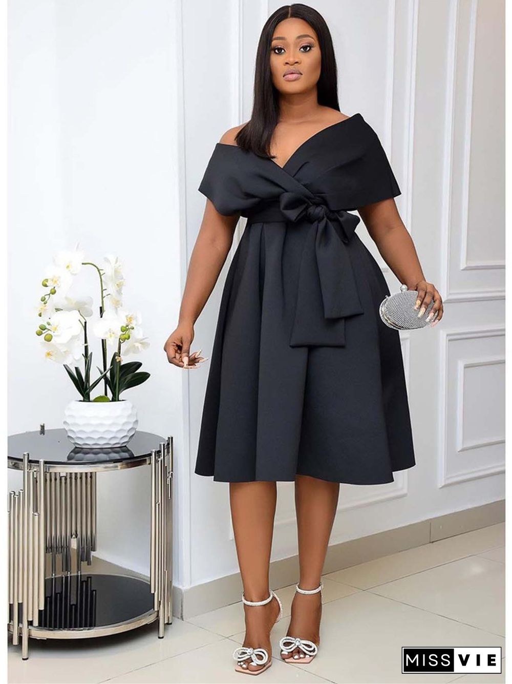 Large Women's Short Sleeve V-neck Off Shoulder Evening Dress Black Dresses