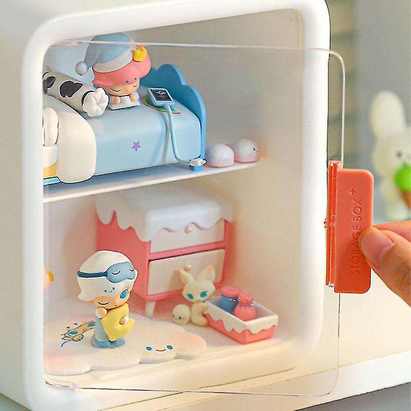 Doll House Room Dollhouse Cabinet Display Box Storage Case 2 Layer Transparent Door White