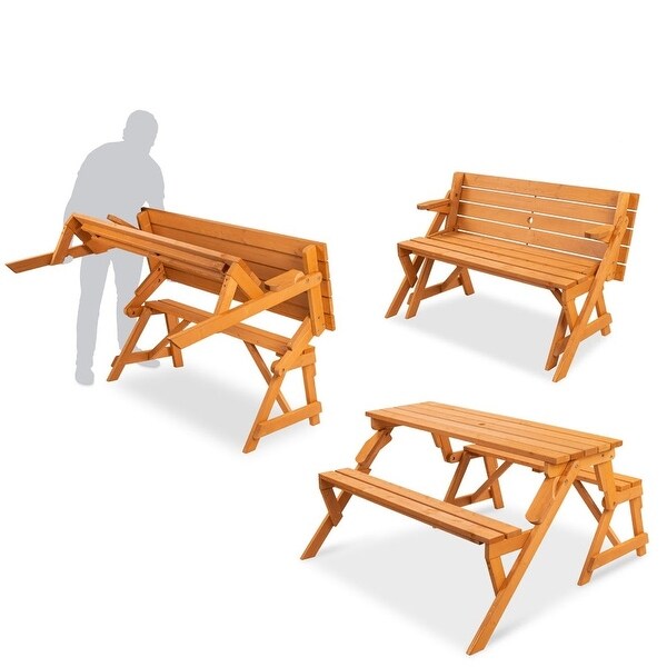 Outdoor Interchangeable 2 in 1 MultiUse Wooden Picnic Table Garden Bench Umbrella Hole