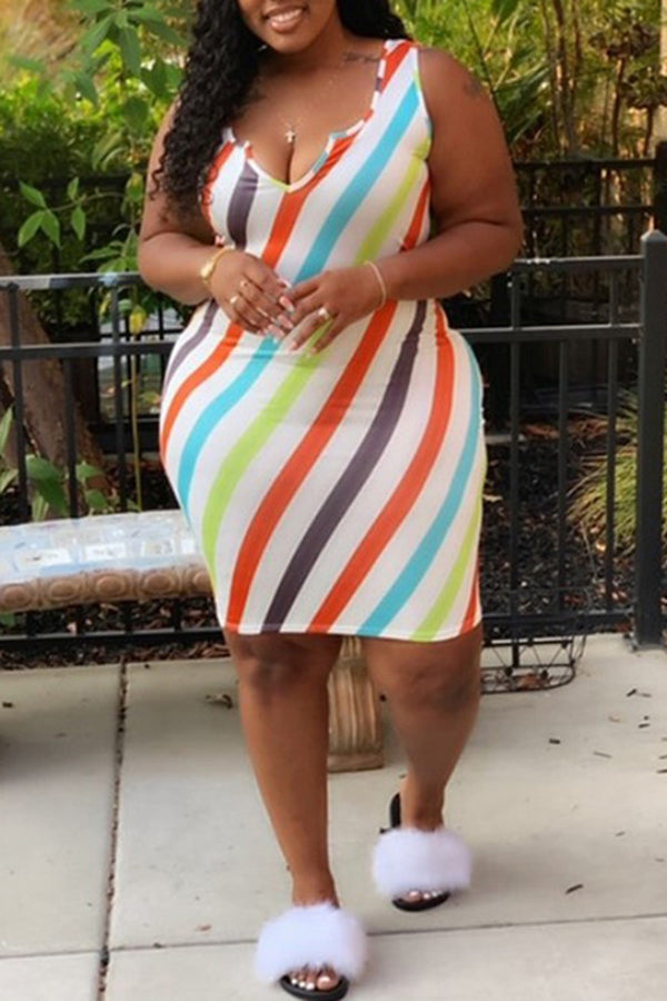 V-neck Asymmetric Rainbow Striped Skinny Sexy Dress