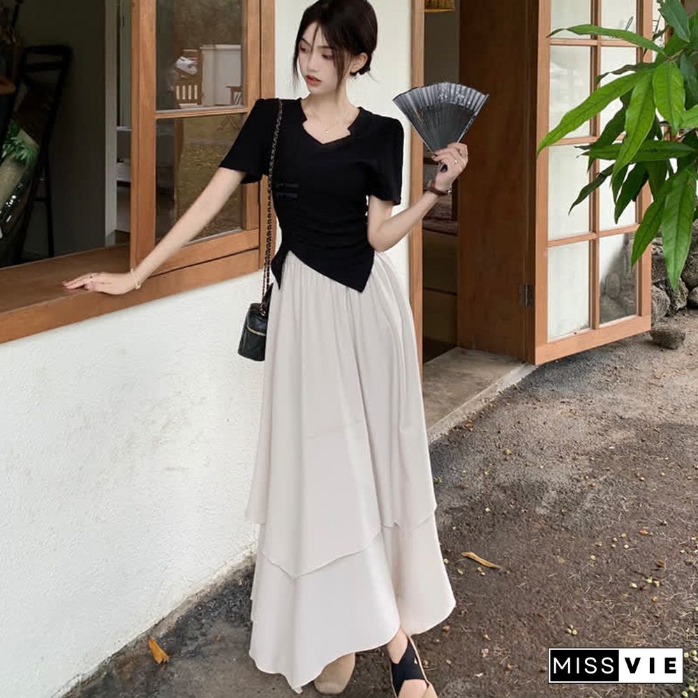 Vintage Buckle Irregular T-Shirt Layered Midi Skirt