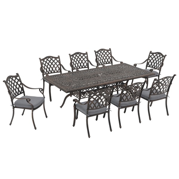 Aluminum 9Piece Outdoor Rectangular Dining Set with Cushions and Umbrella hole