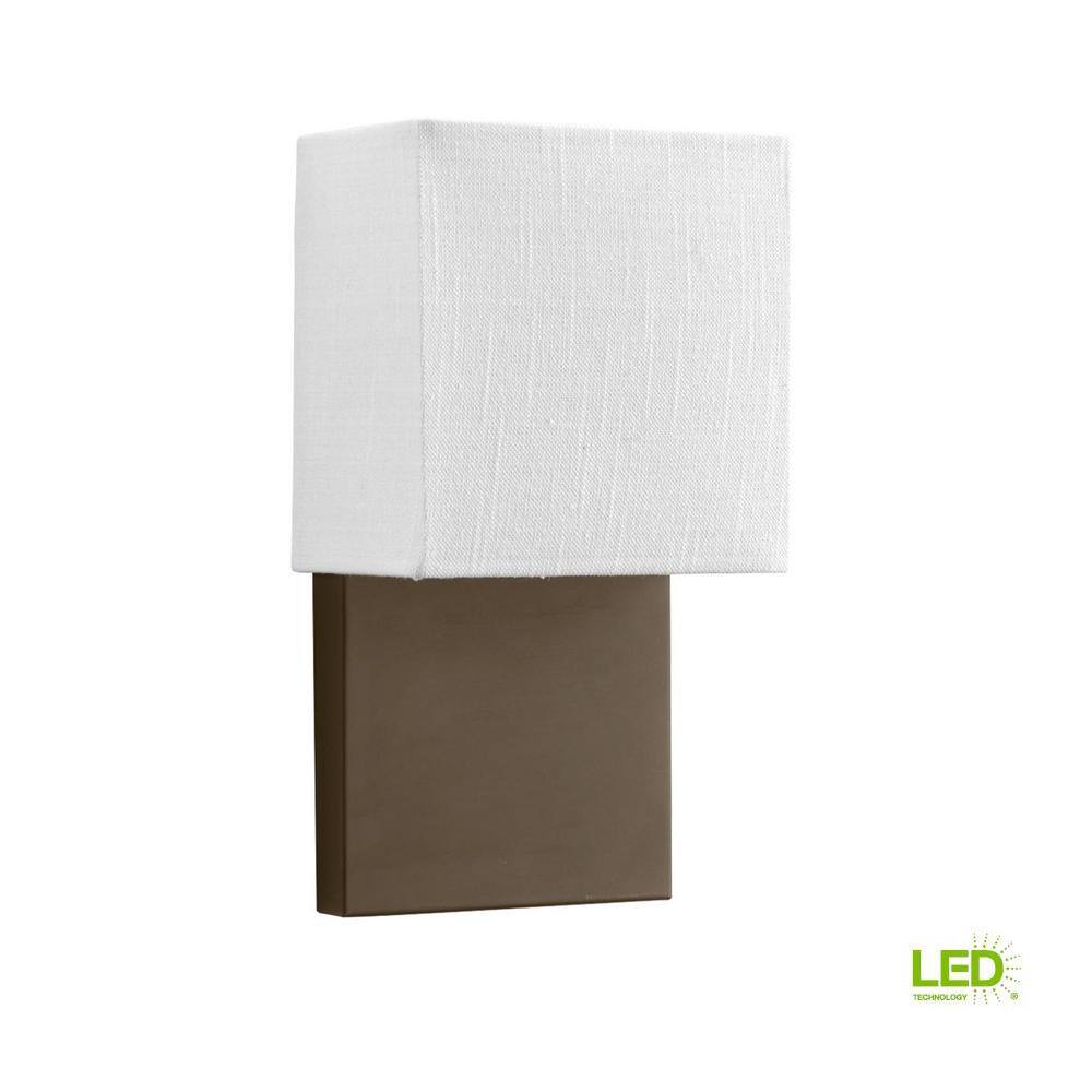 Progress Lighting LED Wall Sconces Collection 9 -Watt Architectural Bronze Integrated LED Wall Sconce with White Linen Shade P710010-129-30