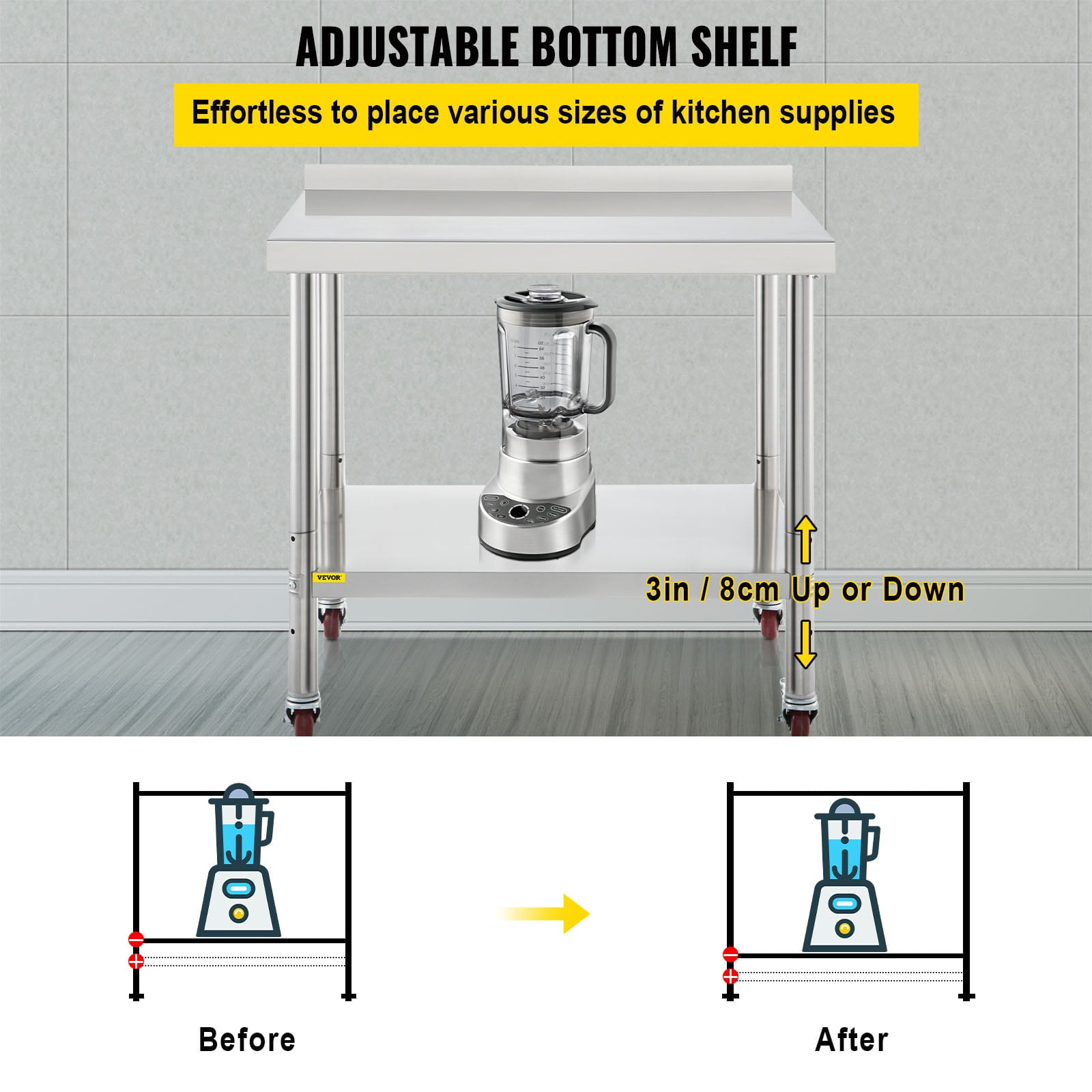 VEVORbrand Stainless Steel Prep Table， 24 x 15 x 35 inch， 440lbs Load Capacity Heavy Duty Metal Worktable with Backsplash Adjustable Undershelf and 4 Casters，  for Kitchen Restaurant