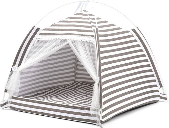 Lovely Caves Stripe Dog and Cat Tent， Gray， Medium