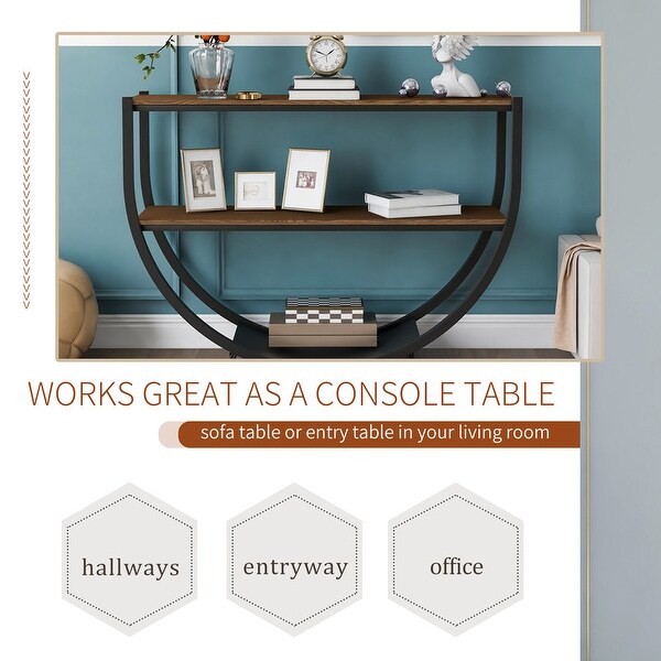 Rustic wood control table Unique semi-circular entry table Vintage 2-level sofa table with storage rack and sturdy metal frame