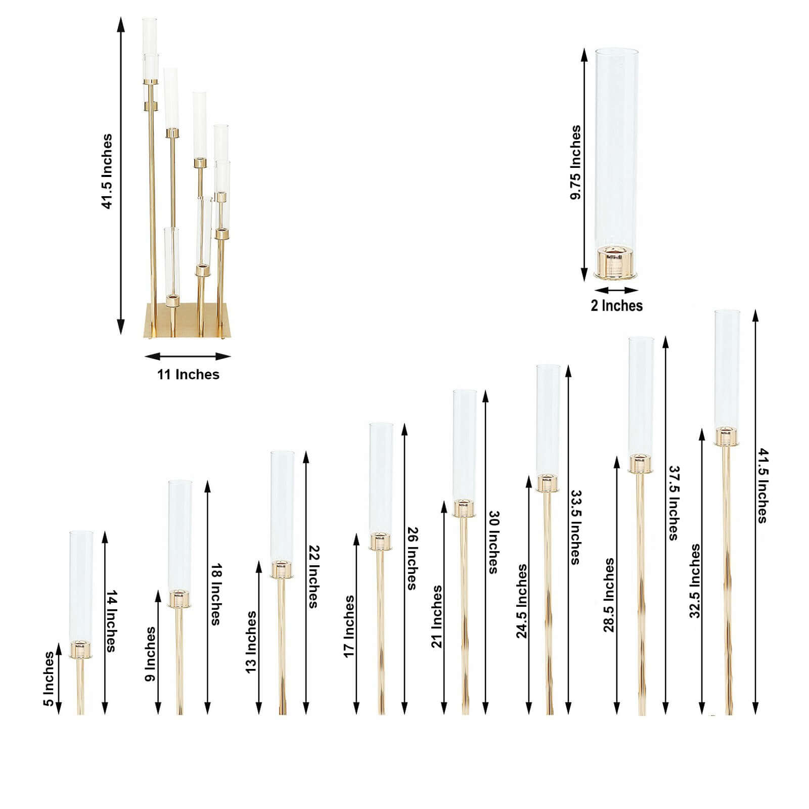 Gold 8 Arm Cluster Taper Candle Holder With Clear Glass Shades, Large Candle Arrangement 42