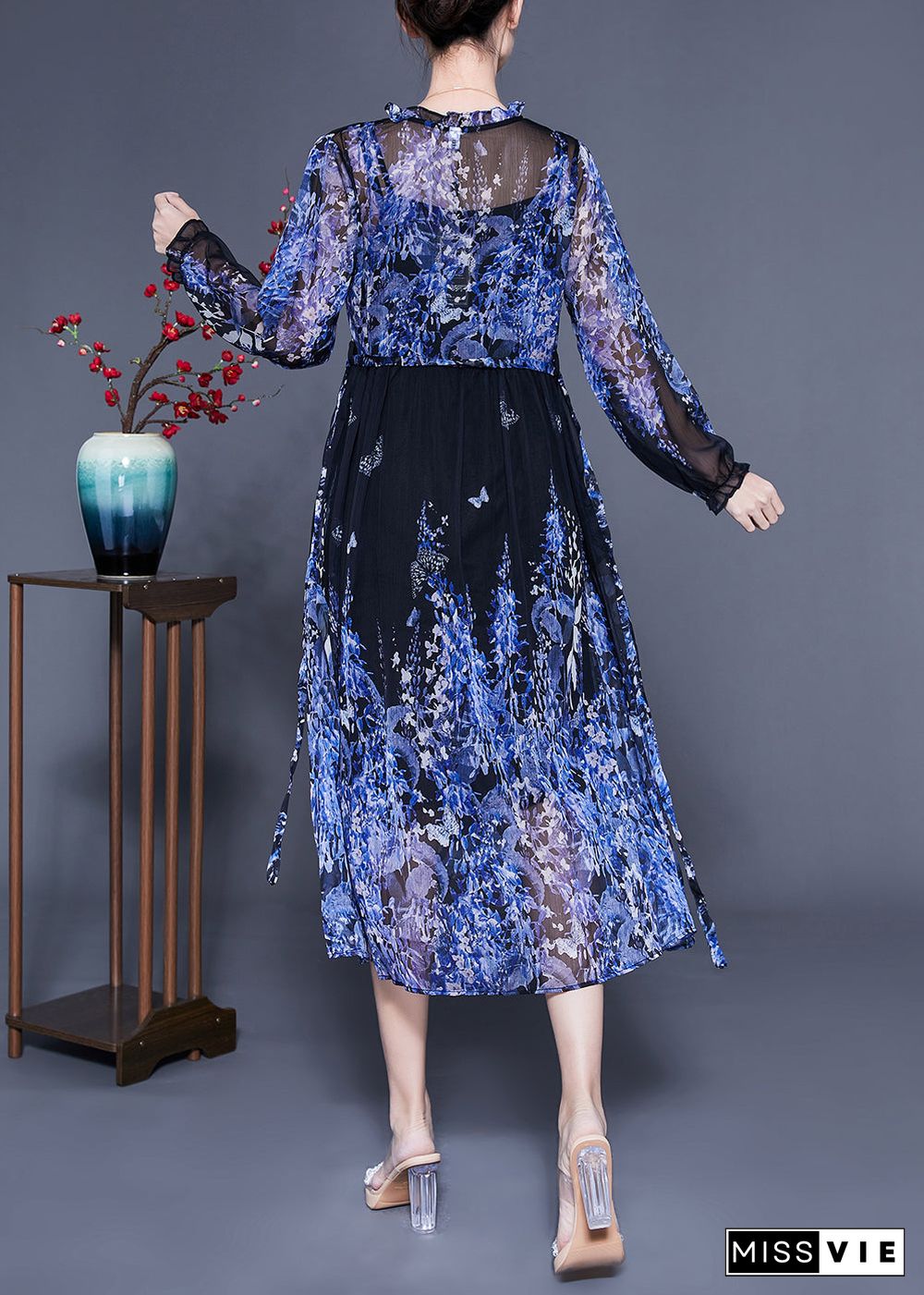 Bohemian Blue V Neck Ruffled Print Chiffon Holiday Dresses Two Piece Set Summer