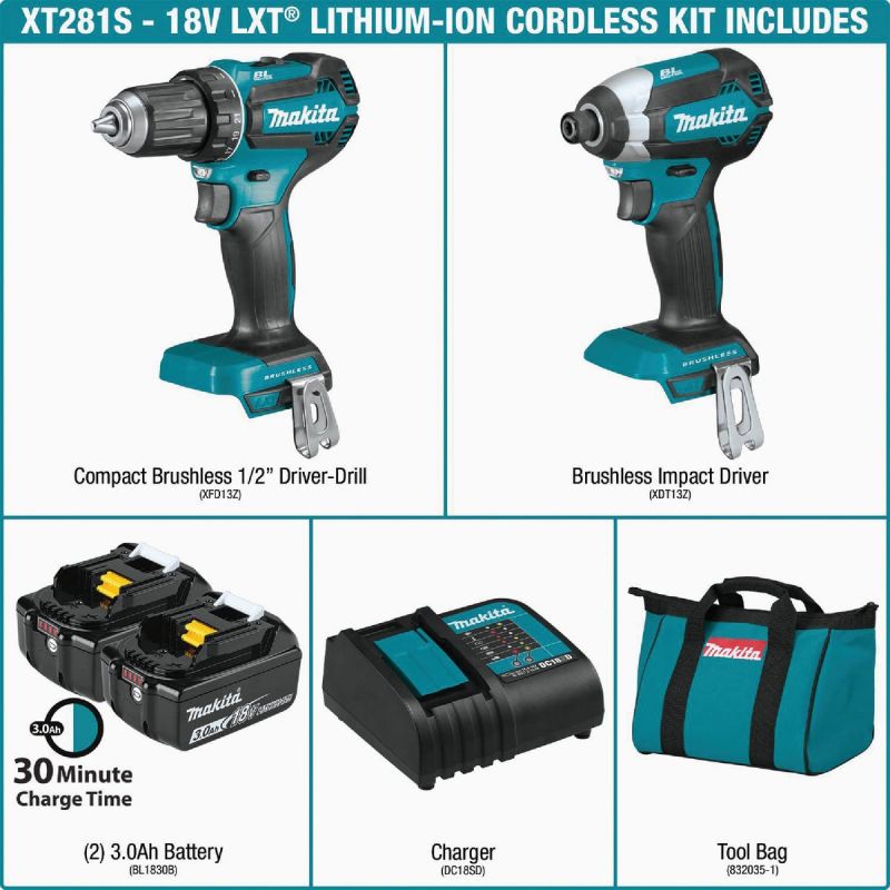 Makita 2-Tool Compact Drill Driveramp Impact Driver Cordless Tool Combo Kit