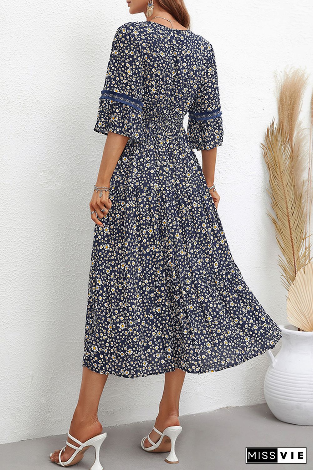 Half Sleeve Sunflower Print Patckwork Dress