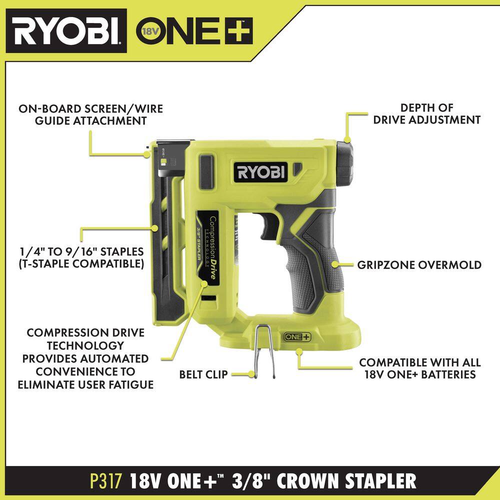 RYOBI ONE+ 18V Cordless Compression Drive 38 in. Crown Stapler Kit with 2.0 Ah Battery and Charger P317K1N