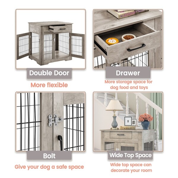 Dog Crate End Table with Drawer， with Double Doors