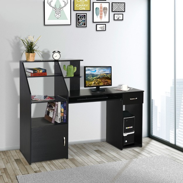 Homcom Computer Desk With Sliding Keyboard amp Storage Shelves Cabinet And Drawer Home Office Gaming Table Workstation Black Wood Grain