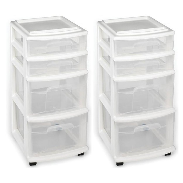 Homz Clear Plastic 4 Drawer Medium Home Storage Container Tower W 2 Large And 2 Small Drawers And Removeable Caster Wheels White Frame 2 Pack