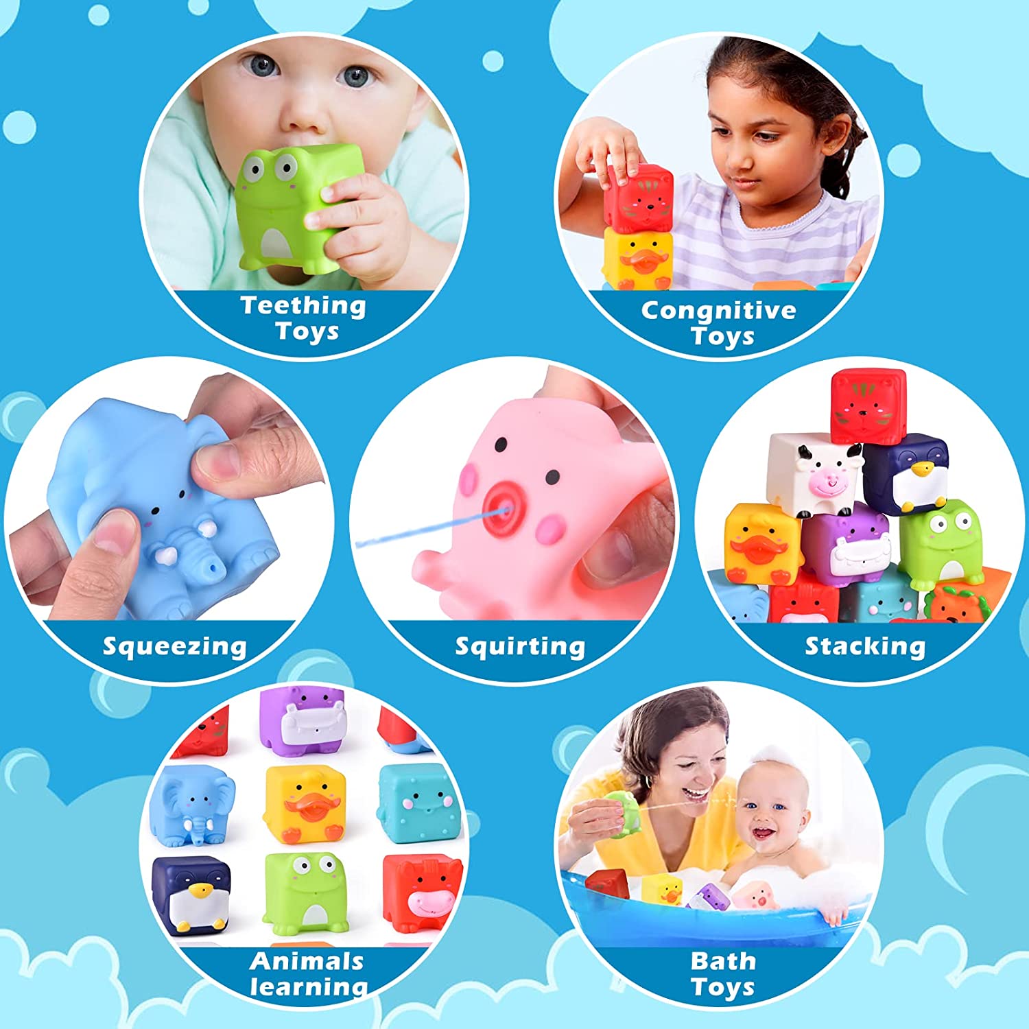 Fun Little Toys 12 Pcs Kids Bath Toys， Soft Cube Bath Squirters for Toddler，Squeeze Water Toys Building Blocks for Kids，Birthday，Xmas Gifts for Boys，Girls