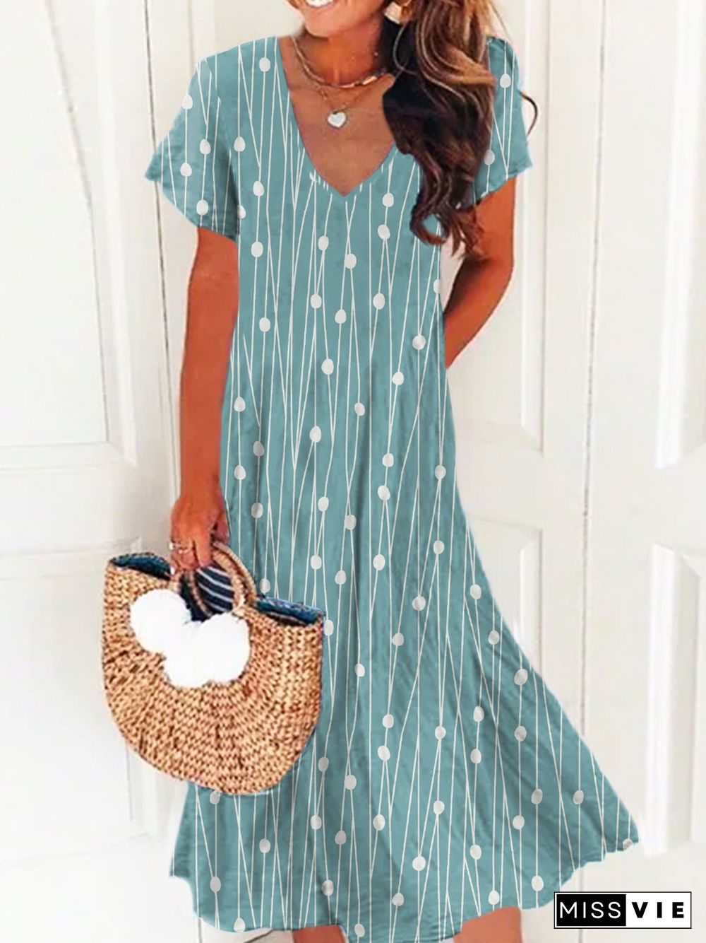 Polka Dots Short Sleeve V Neck Plus Size Casual Dresses