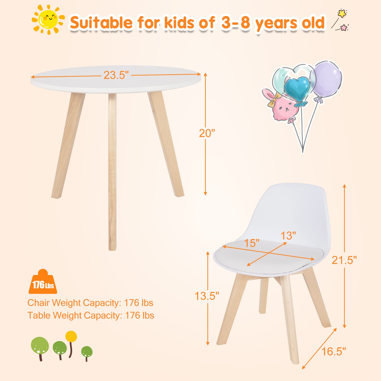 Costzon Kids Table and Chair Set, 3 Pcs Wood Activity Play Table w/Padded Seat & Wood Legs for Arts