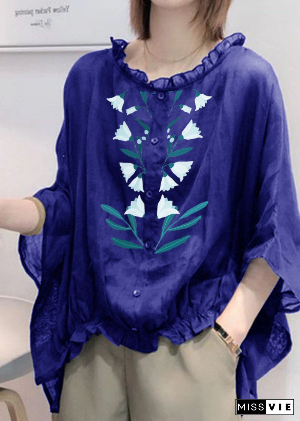 Art Blue-flowers Tops Ruffles Trim Half Sleeve Shirts Blouse Plus Size