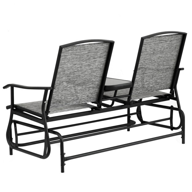 Gardenised Two Person Outdoor Double Swing Glider Chair Set With Center Tempered Glass Table Loveseat Lawn Rocker Bench