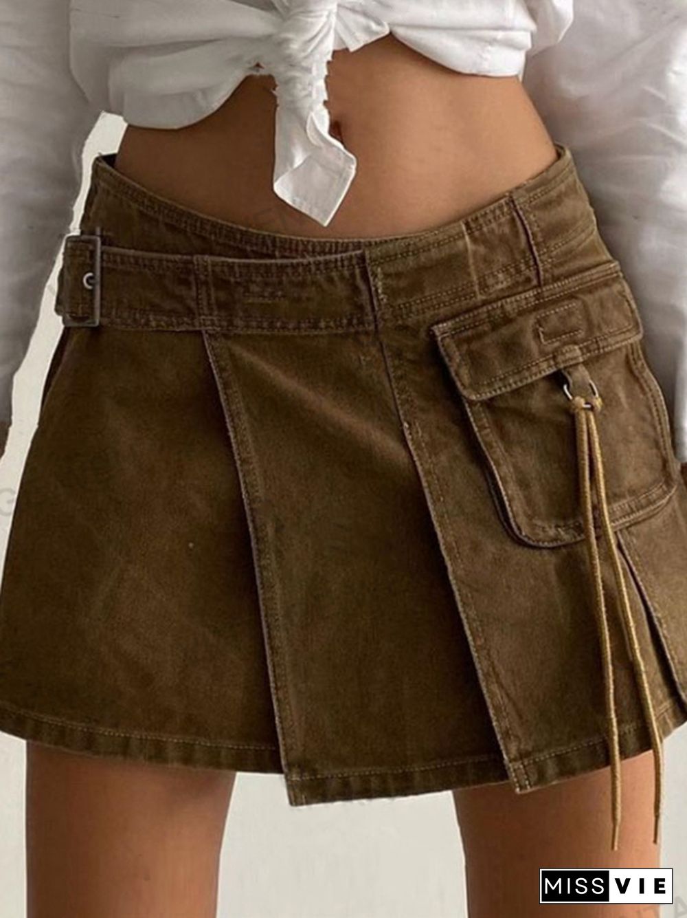 Vintage Brown Distressed Pleated Pocket Decor Mini Skirt