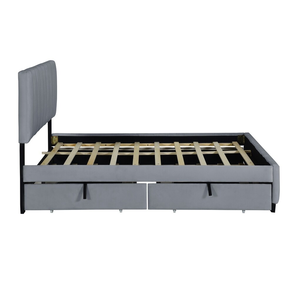 Queen Size Velvet Upholstered Platform Bed with Twin XL Size Trundle Bed  2 Storage Drawers and Headboard