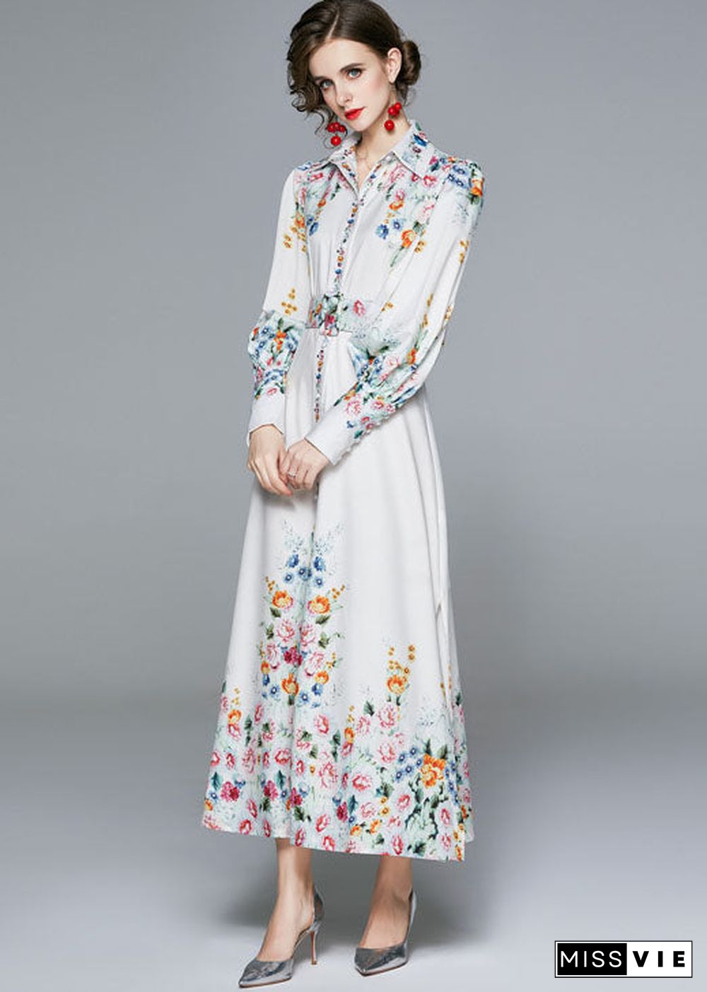 French White Peter Pan Collar Print Chiffon Dresses Fall