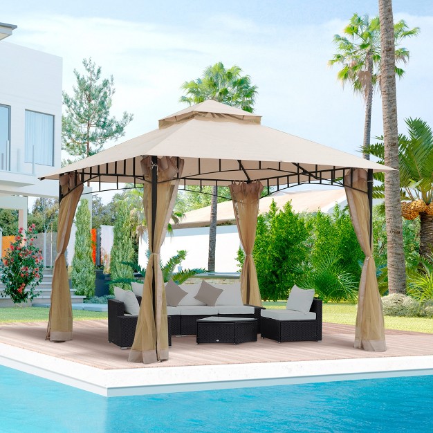 X 116 25 quot Outdoor Patio Gazebo Canopy Tent With Mesh Sidewalls 2 tier Canopy For Backyard Beige