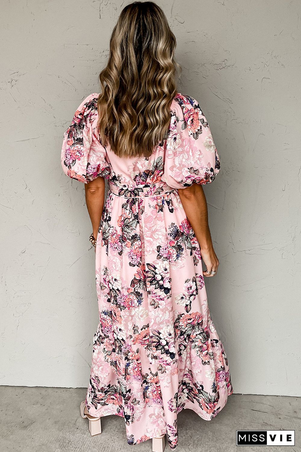 Pink Floral Puff Sleeve High Waist Maxi Dress