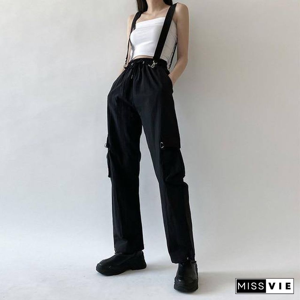 Women Fashion Harajuku Cargo Pants Black Detachable Strap Trousers Female Elastic Waist Streetwear Pants Plus Zise Casual Pants