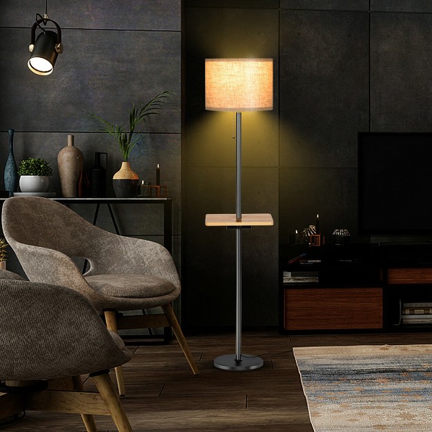 Tangkula 3 in 1 Modern Floor Lamp With Tray Table Linen Fabric Shade amp Rubber Wood Tray Table Include Dual Usb Charging Ports