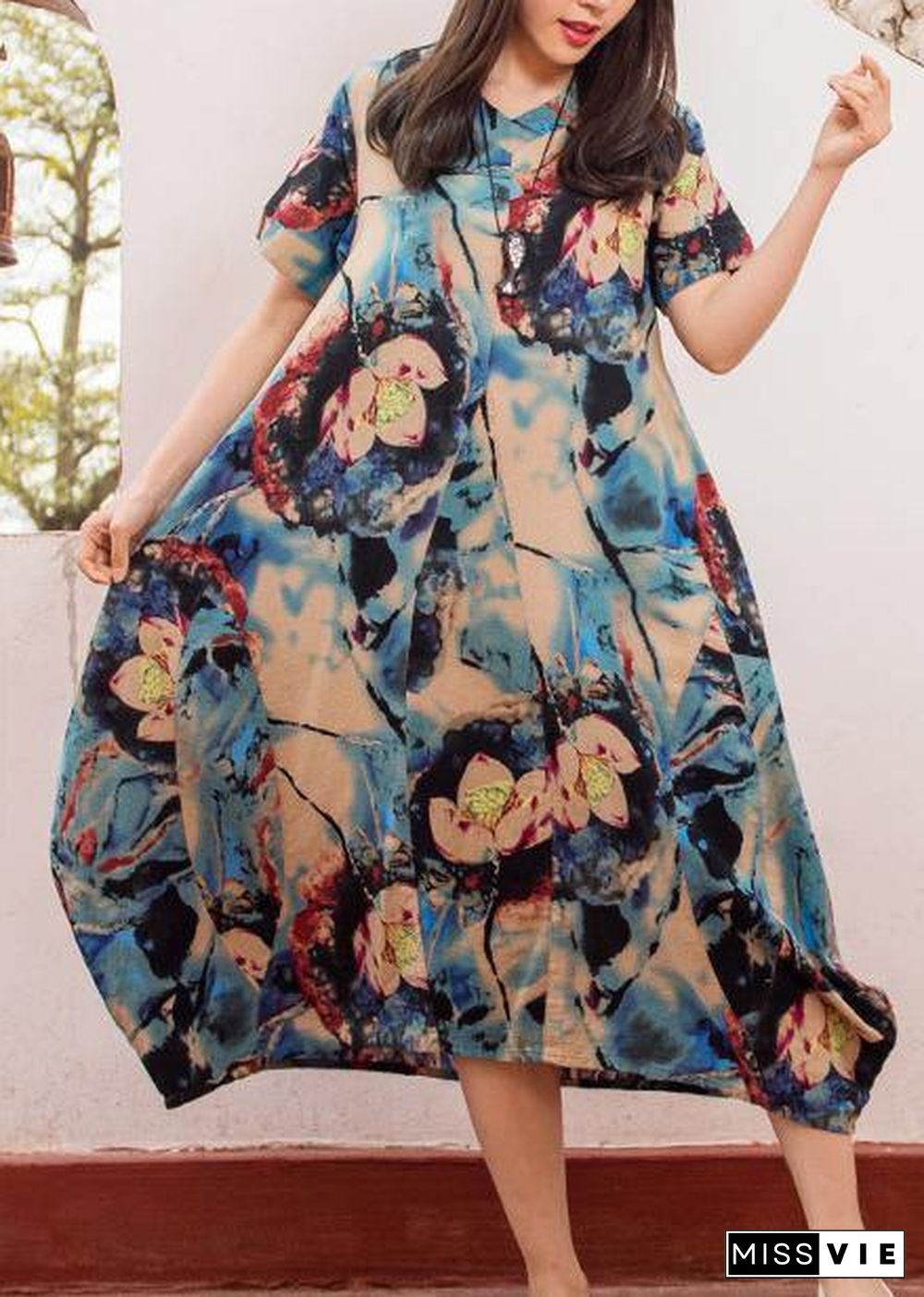 Modern dark blue print v neck asymmetric cotton robes summer Dresses