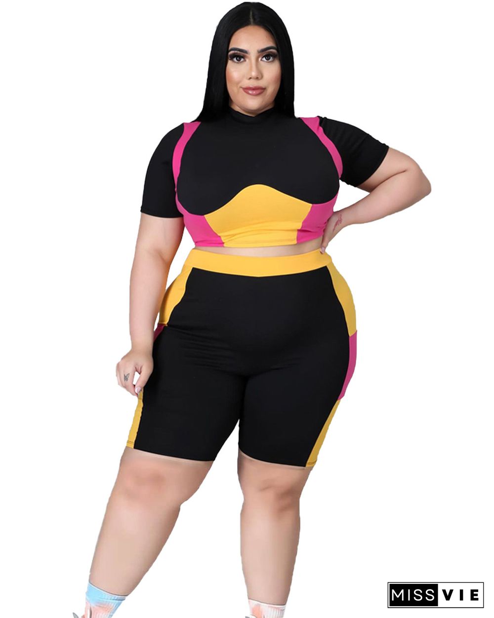 Women Plus Size Set Patchwork Short Sleeve Crop Tops Stretchy Shorts Tracksuit Summer Two Piece Outfits