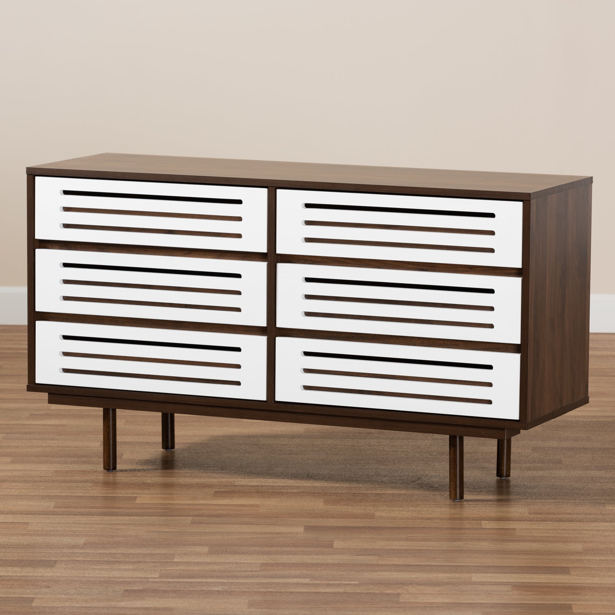 Baxton Studio Meike Mid-Century Modern Two-Tone Walnut Brown and White Finished Wood 6-Drawer Dresser