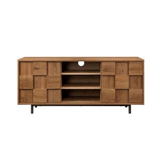 Welwick Designs 54.75 in. English Oak Wood and Metal Modern Checkered TV Stand with 2 Sliding Doors for TVs Up to 55 in. HD9367