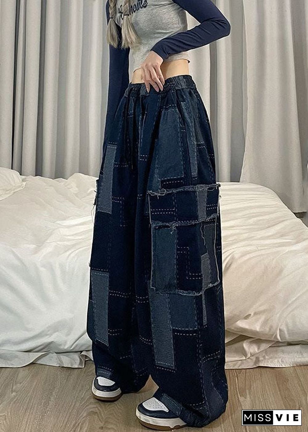 Italian Blue Pockets Patchwork Denim Wide Leg Pants Spring