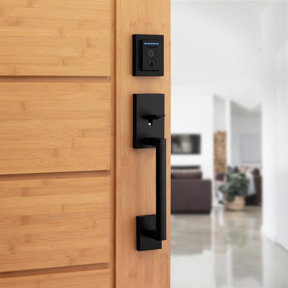 Kwikset Halo Touch Matte Black CNT Fingerprint WiFi Elec Smart Lock Deadbolt Feat SmartKey Security with San Clemente Handleset 959815SCEHFL514