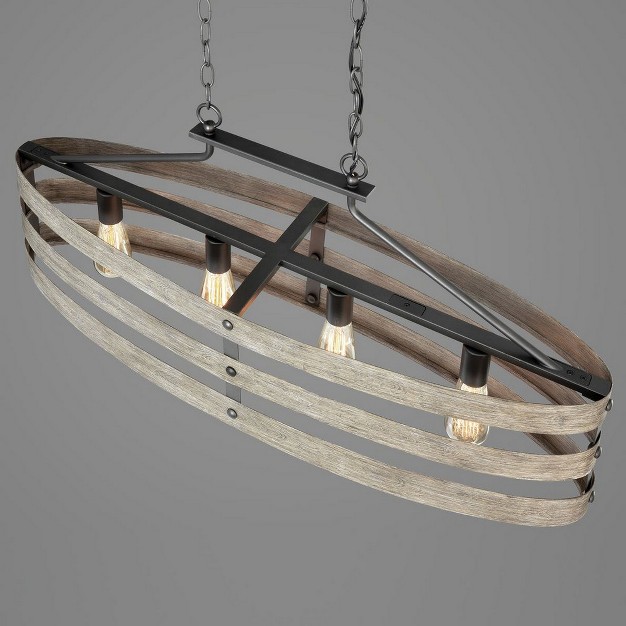 Progress Lighting Gulliver 4 light Linear Chandelier Graphite Open Design Galvanized With Antique White Accents Wood Grained Texture