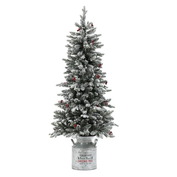 PreLit LED 5ft Snow Flocked Artificial Christmas Tree with Red Berries and Metal Pot