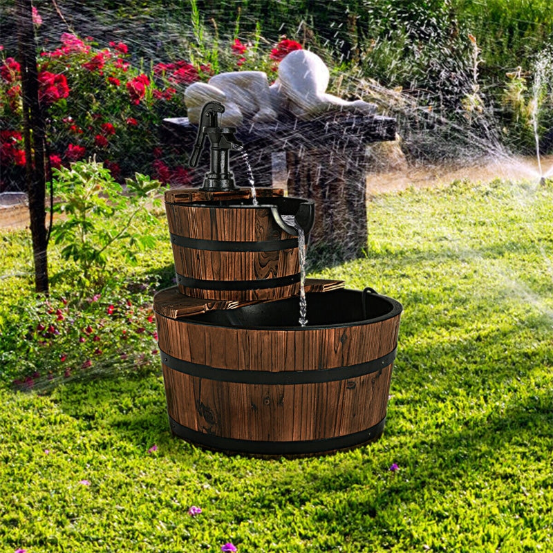 2-Tier Outdoor Barrel Waterfall Fountain with Hand Pump for Garden Backyard