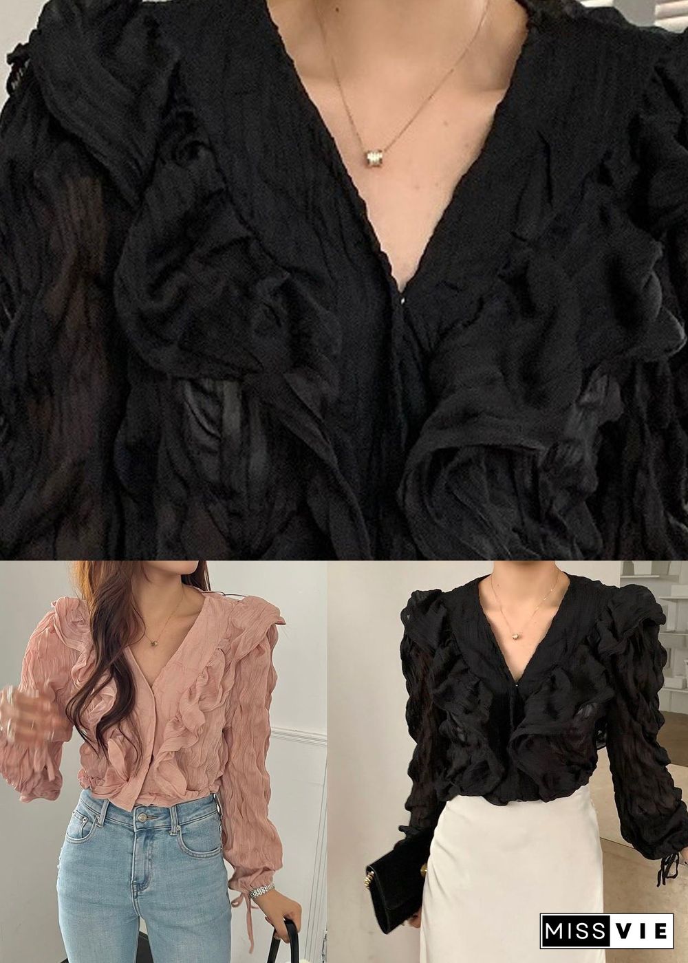 Black Patchwork Chiffon Shirts Tops Ruffled V Neck Spring