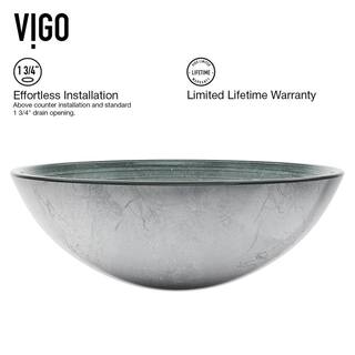 VIGO Glass Round Vessel Bathroom Sink in Silver with Seville Faucet and Pop-Up Drain in Brushed Nickel VGT838