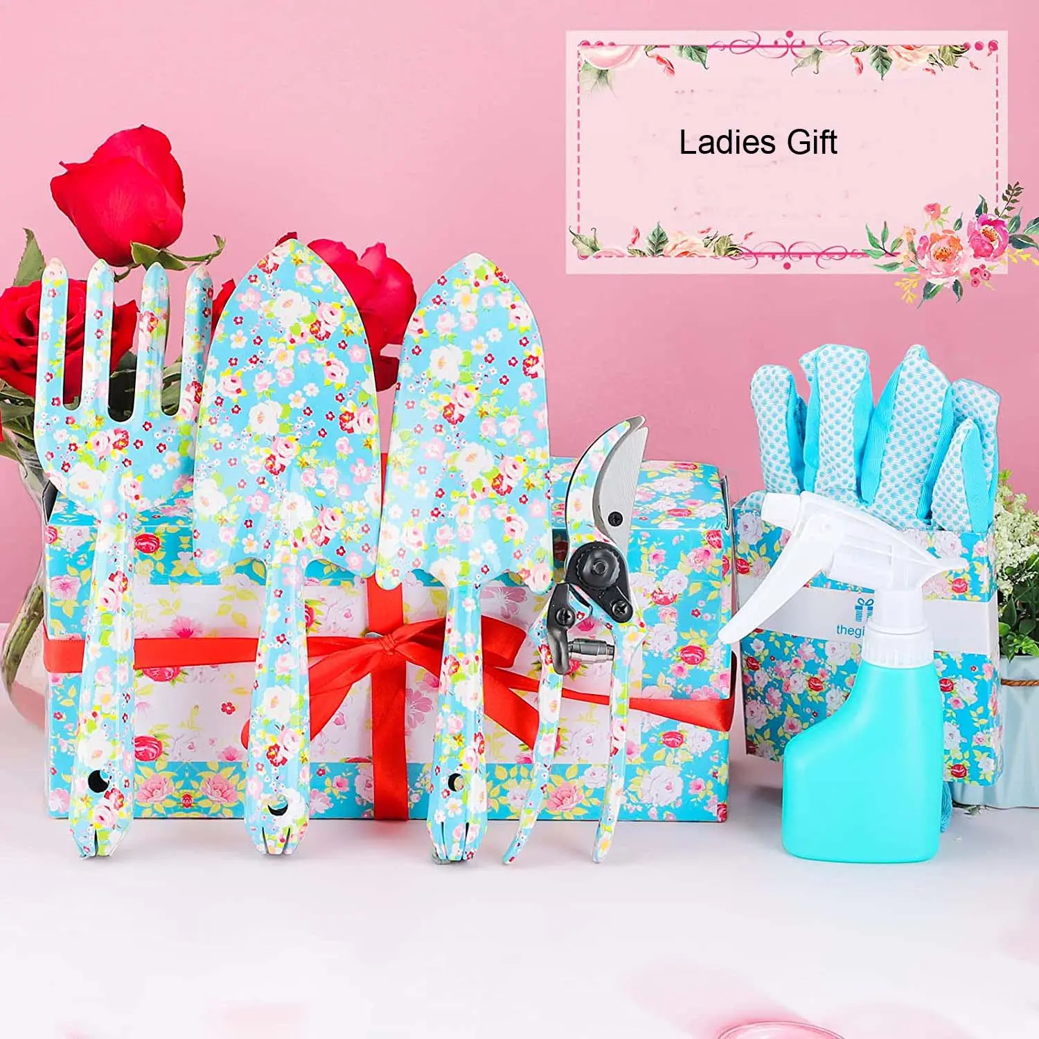 Customized Novelty Gardening Gifts Box 6 PCS Floral Print Garden Tool Include Hand Rake Pruner Shovel Gloves Water Can For Woman