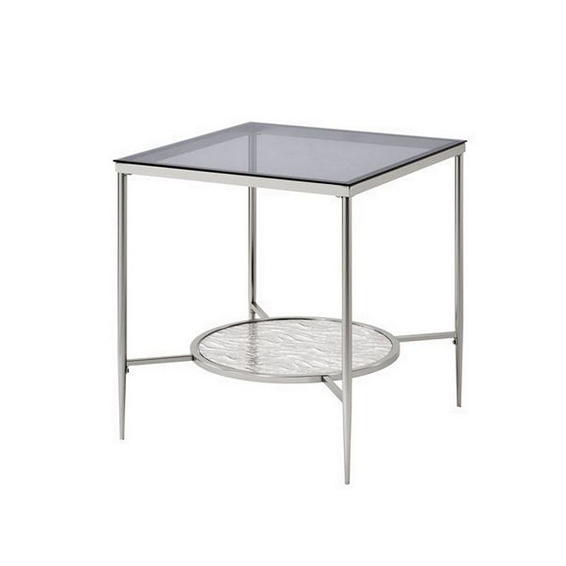 End Table with Textured Round Shelf， Silver