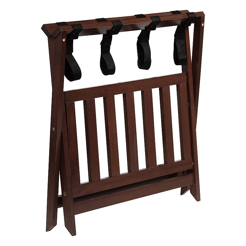 PJ Wood Hotel Style Wood Home Folding Suitcase Luggage Rack with Shelf， Walnut