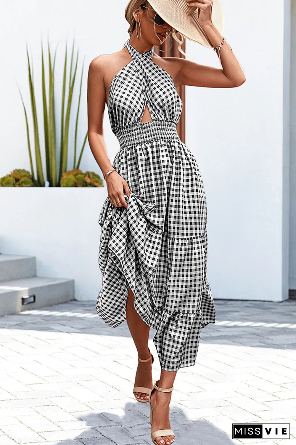 Halter Wrap Splicing Plaid Floral Dress