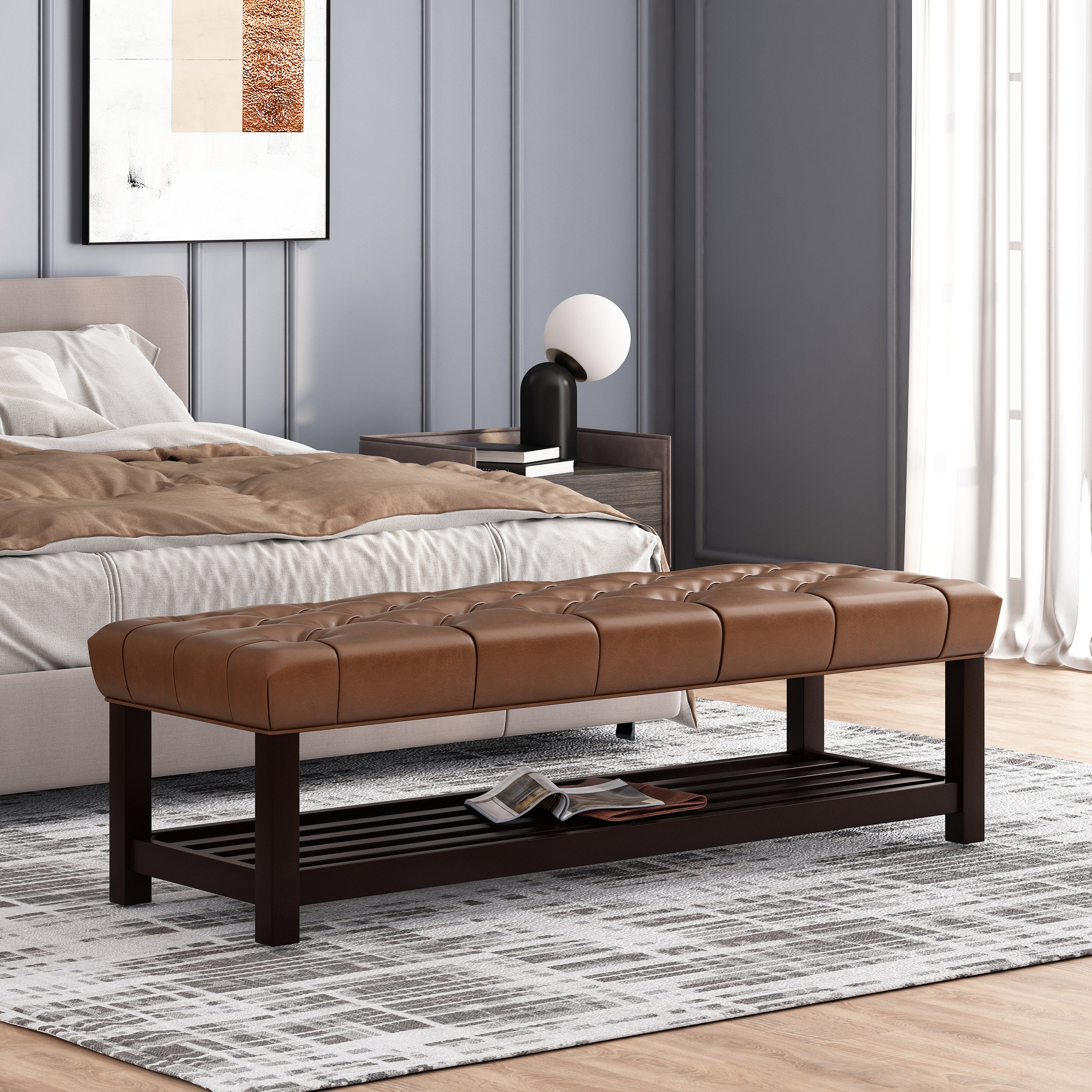 Pelon Contemporary Button Tufted Bench with Shelf