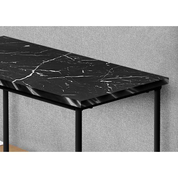 Accent Table， Side， End， Narrow， Small， 2 Tier， Living Room， Bedroom， Black Marble Look Laminate， Black Metal， Contemporary， Modern