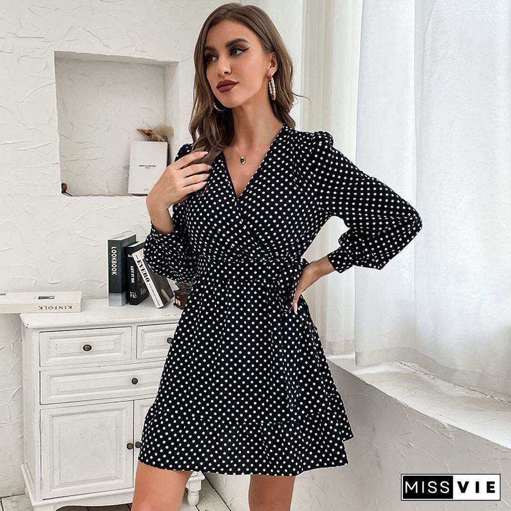 Elegant Women's Dot Print Dress Spring And Autumn New Hot Sale V-neck A-Line Mini Dresses Women Lace-up Dress Vestidos