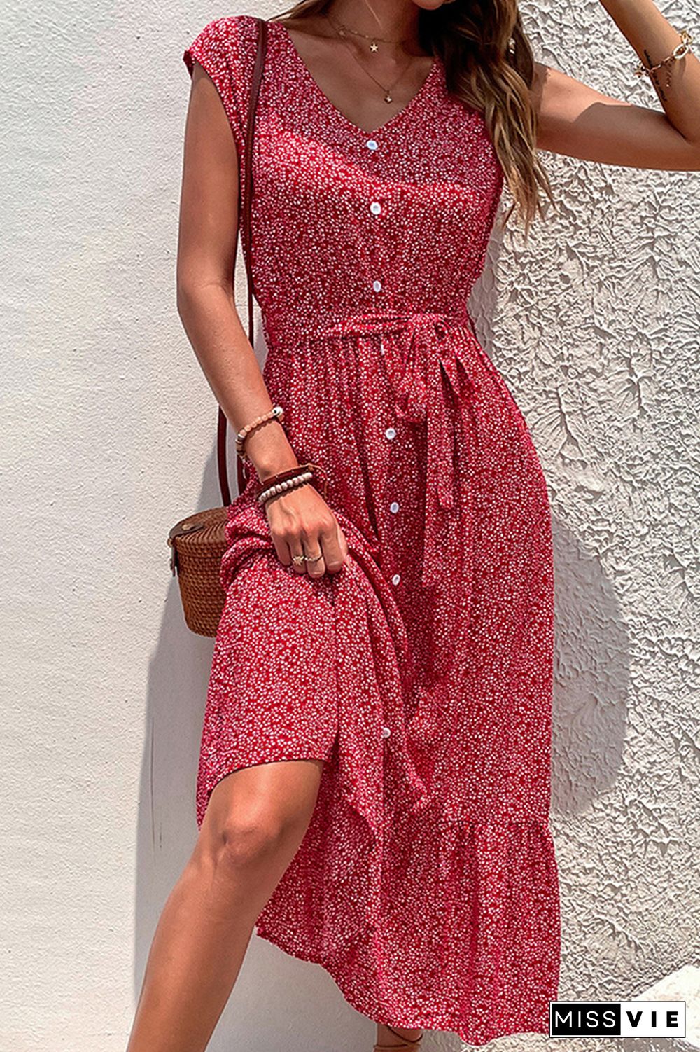 V Neck Button Down Floral Maxi Dress