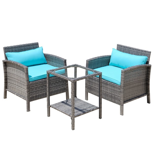 Outsunny 3 Pcs Rattan Wicker Bistro Set With Soft Cushions Outdoor Conversation Coffee Sets With Glass Table Top And Open Storage Shelf For Patio Backyard Garden